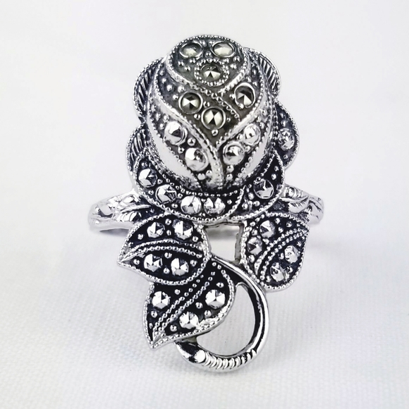Vintage Jewelry - Vintage Sterling & Marcasite Rose Ring sz 9